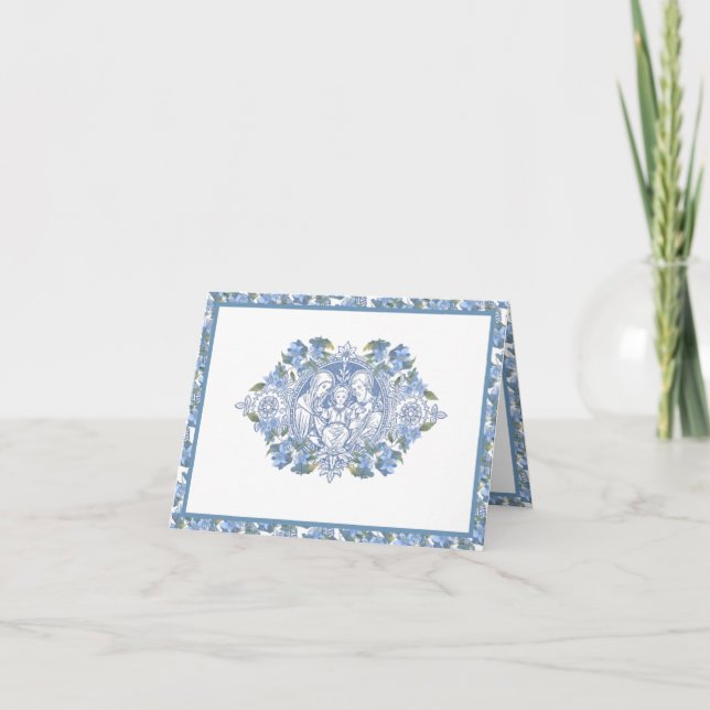 Elegant Blue Floral Religious Heilige Familie Dankeskarte (Vorderseite)