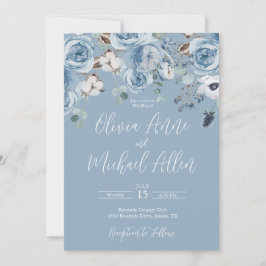Elegant Blue Floral Script Einladung zur Hochzeit