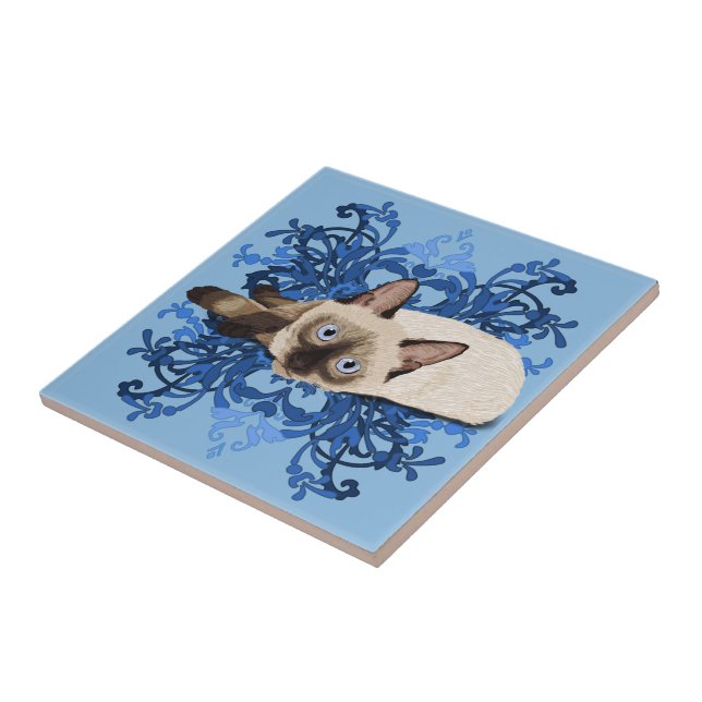 Elegant Blue Floral Siamese Katze Hübsch Feline Fliese (Seite)