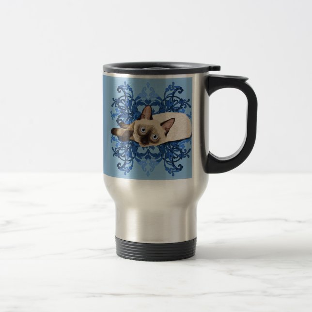 Elegant Blue Floral Siamese Katze Hübsch Feline Reisebecher (Rechts)