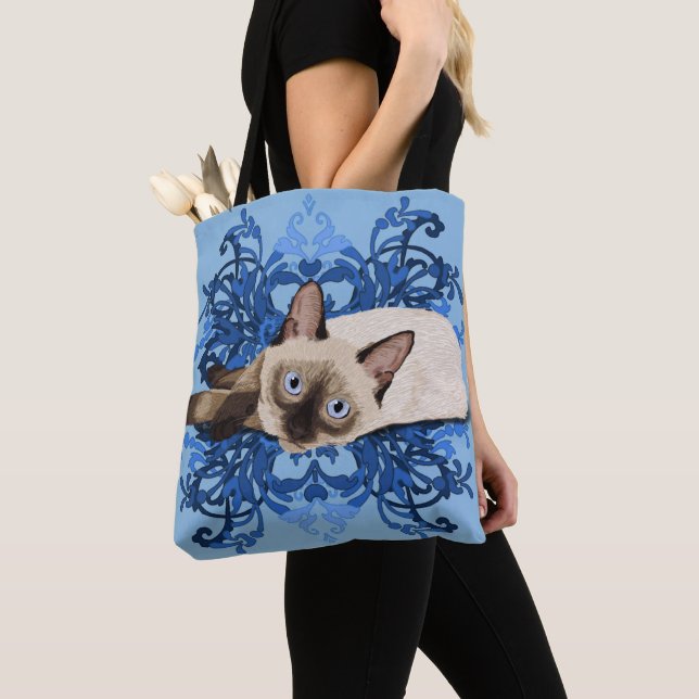 Elegant Blue Floral Siamese Katze Hübsch Feline Tasche (Von Nahem)