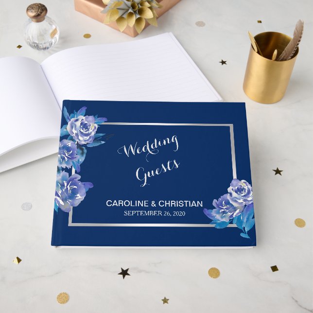 Elegant Blue Floral Silver Wedding Gästebuch (Vorderseite Offen)