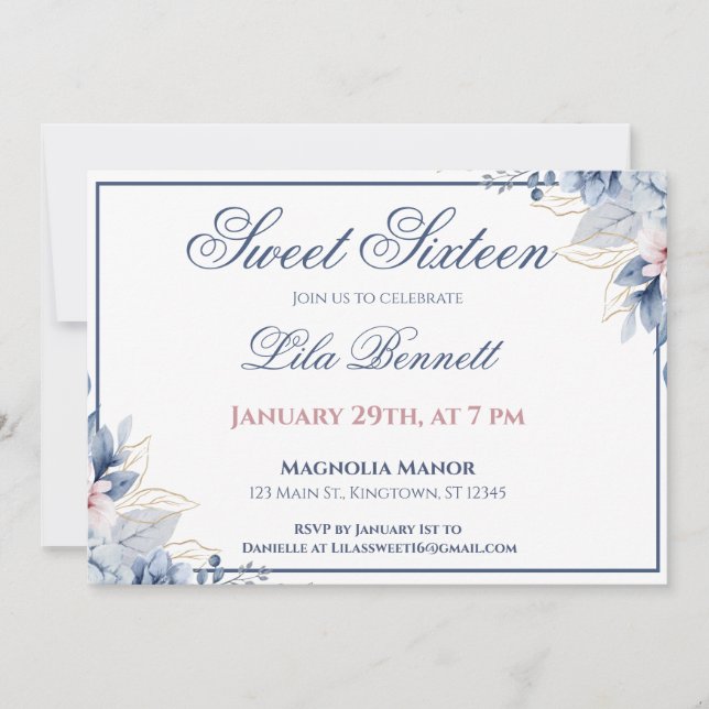 Elegant Blue Floral Sweet 16 Invitation (Devant)