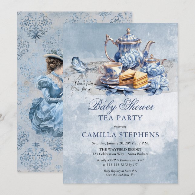 Elegant Blue Floral Tea Set Babydusche Tee Einladung (Vorne/Hinten)