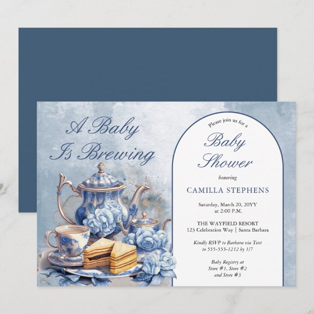 Elegant Blue Floral Tea Set Babydusche Tee Einladung (Vorne/Hinten)
