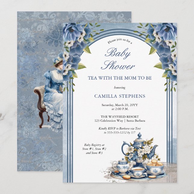 Elegant Blue Floral Tea Set Tea Tea Dusche Einladung (Vorne/Hinten)