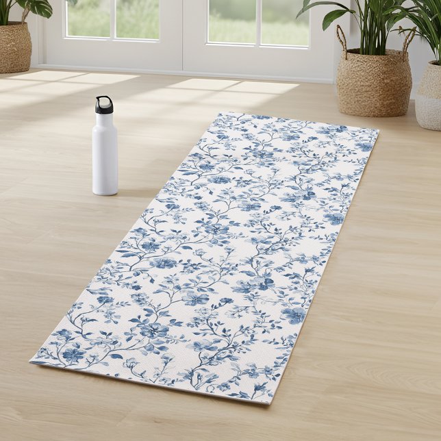 Elegant Blue Floral Toile Botanical Pattern  Yogamatte (Elegant vintage style toile de jouy botanical print to elevate your yoga)
