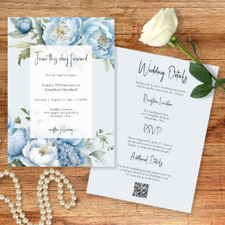 Elegant Blue Floral Two Sided Wedding Invitation