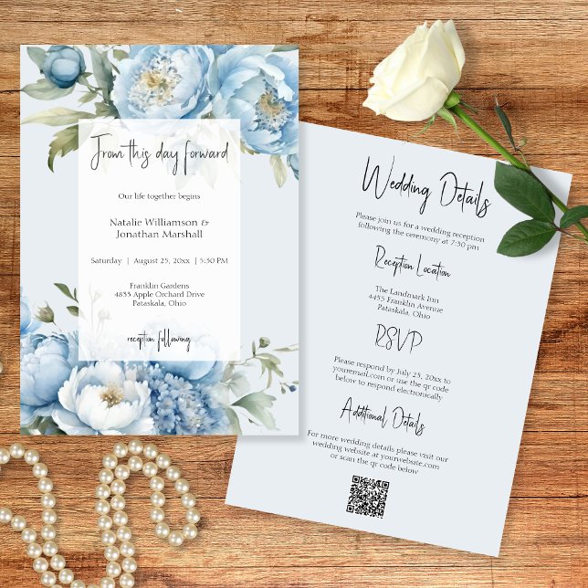 Elegant Blue Floral Two Sided Wedding Invitation (Créateur téléchargé)