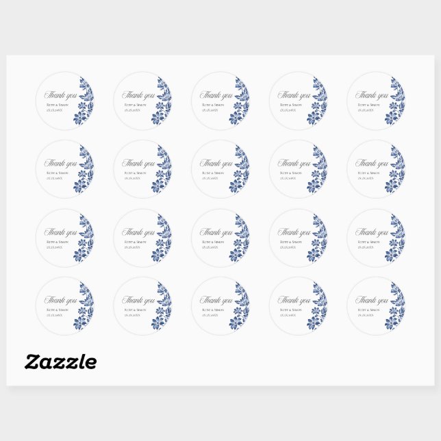 Elegant Blue Floral Vintage Wedding  Runder Aufkleber (Blatt)