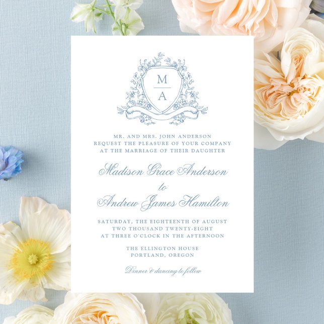 Elegant Blue Floral Wappen Monogram Wedding Einladung (Von Creator hochgeladen)