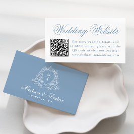 Elegant Blue Floral Wappen Wedding Website QR Code Begleitkarte