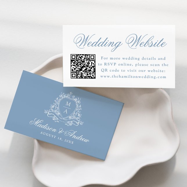Elegant Blue Floral Wappen Wedding Website QR Code Begleitkarte (Von Creator hochgeladen)