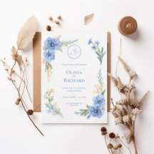 Elegant Blue Floral Watercolor Wedding Invitation