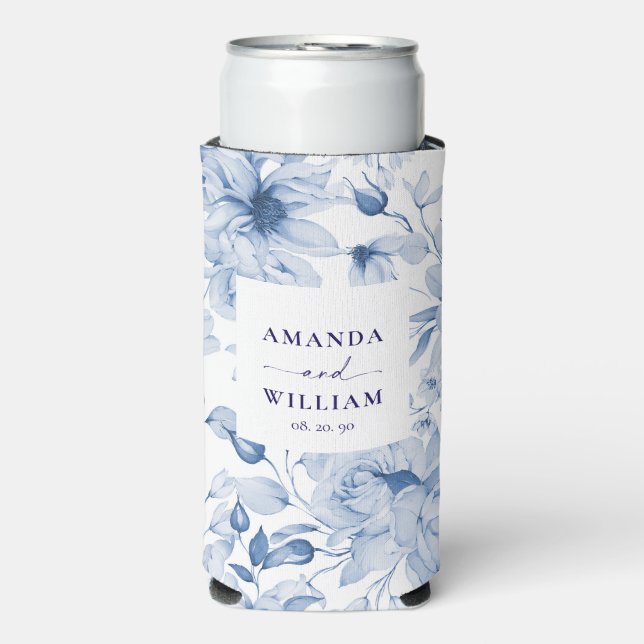 Elegant Blue Floral Wedding Can Cooler Selters Dosenkühler (Seltzer Vorderseite)