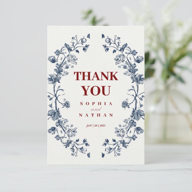 Elegant Blue Floral Wedding Danke Card (Stehend Vorderseite)