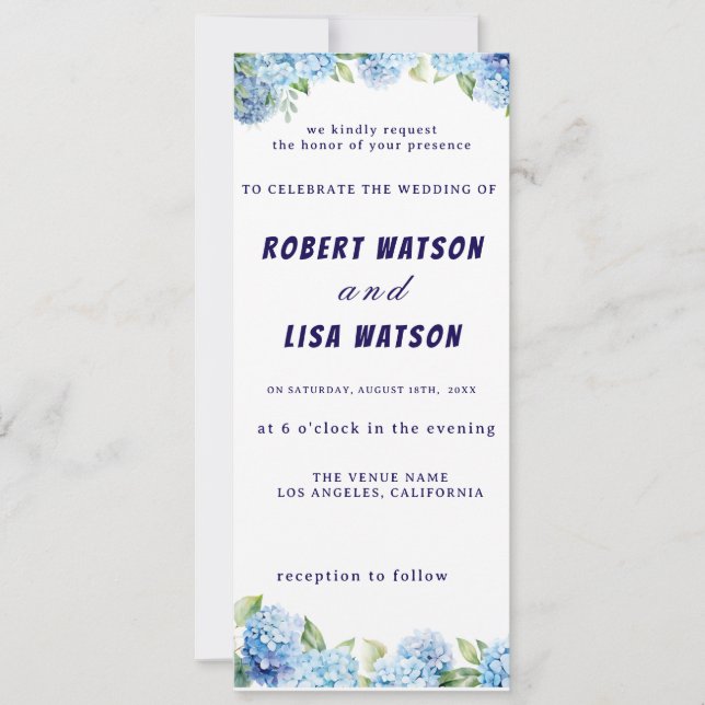 Elegant Blue Floral Wedding  Einladung (Vorderseite)