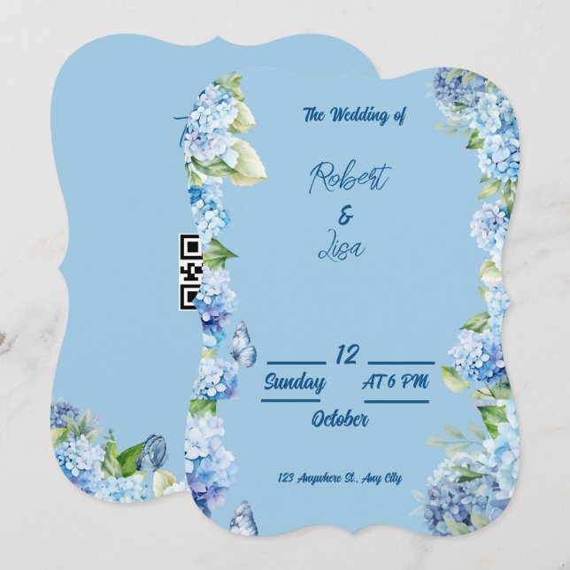 Elegant Blue Floral Wedding Einladung (Vorne/Hinten)