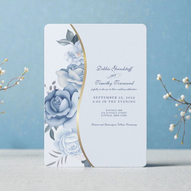 Elegant Blue Floral Wedding Invitation  (Créateur téléchargé)