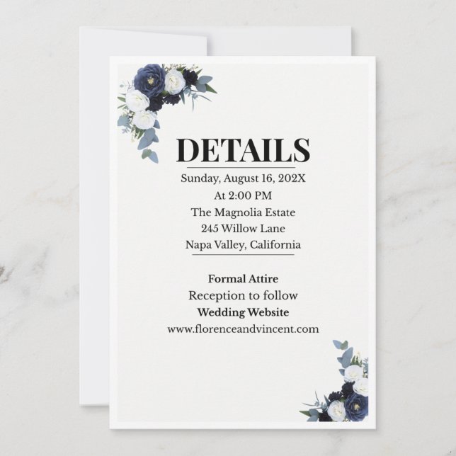 Elegant Blue Floral Wedding Invitation Einladung (Vorderseite)