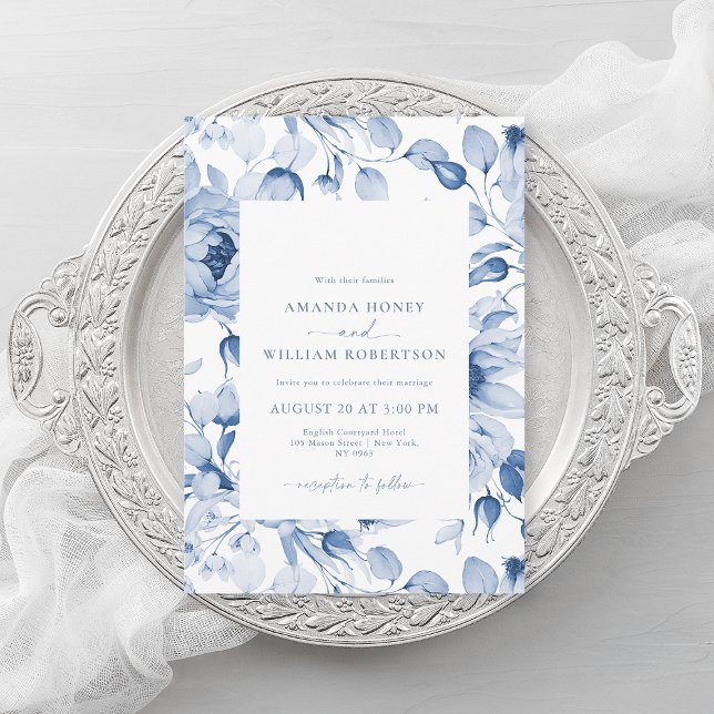 Elegant Blue Floral Wedding Invitation Einladung (Von Creator hochgeladen)