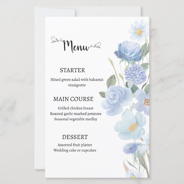 Elegant Blue Floral Wedding Menu (Vorderseite)