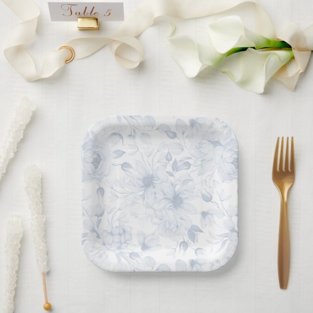 Elegant Blue Floral Wedding Paper Plate Pappteller (Hochzeit)