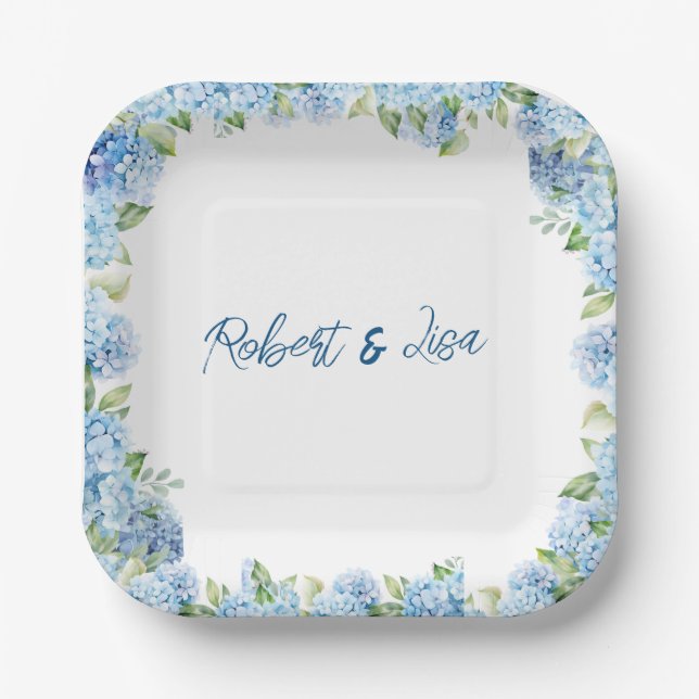 Elegant Blue Floral wedding Pappteller (Vorderseite)