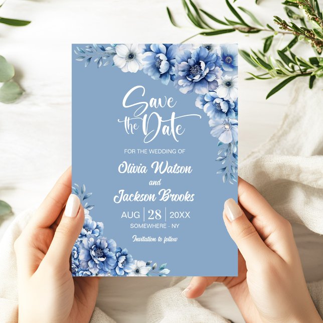 Elegant Blue Floral Wedding Save the Date Einladung (Von Creator hochgeladen)