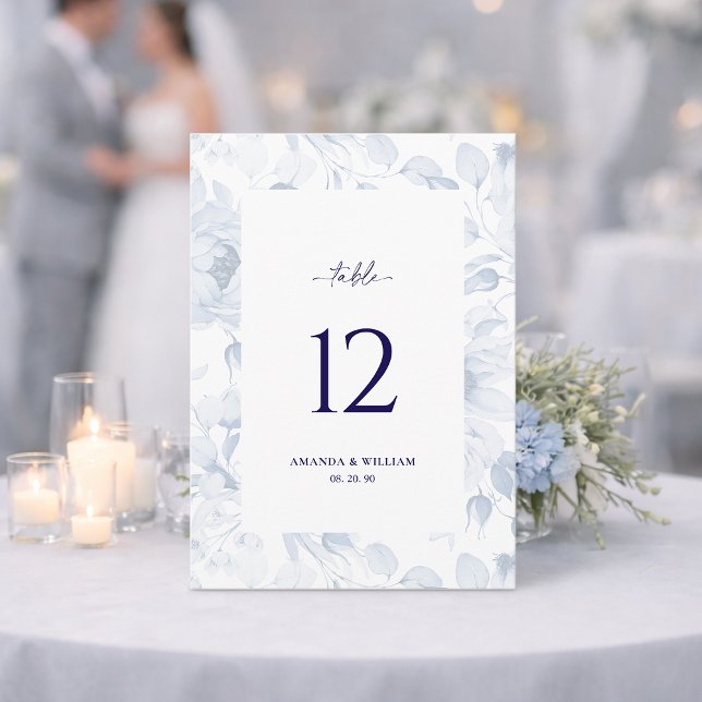 Elegant Blue Floral Wedding Table Number Card Einladung (Von Creator hochgeladen)