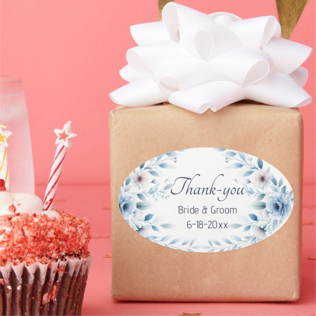 Elegant Blue Floral Wedding Thank-you Sticker (Fête)