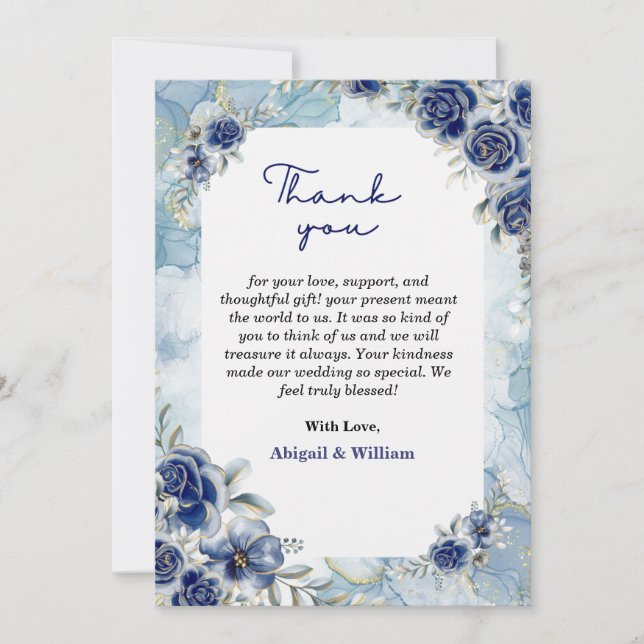 Elegant Blue Floral Wedding Vielen Dank flache Kar Dankeskarte (Vorderseite)