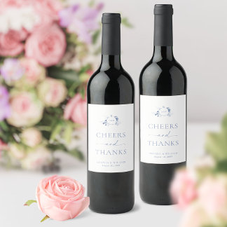 Elegant Blue Floral Wedding Wine Label Weinetikett