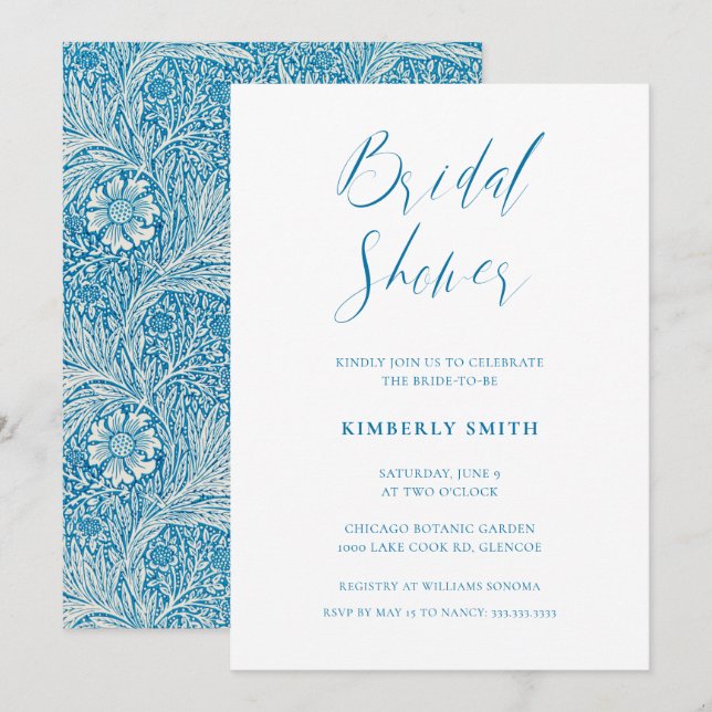 Elegant Blue Floral William Morris Brautparty Einladung (Vorne/Hinten)