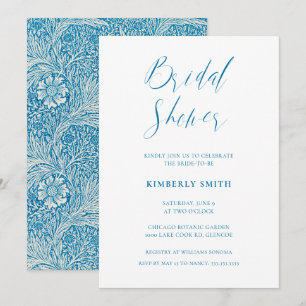 Elegant Blue Floral William Morris Brautparty Einladung