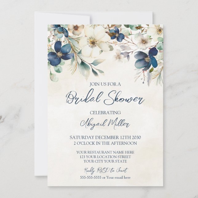 Elegant Blue Floral Winter Bridal Shower Einladung (Vorderseite)