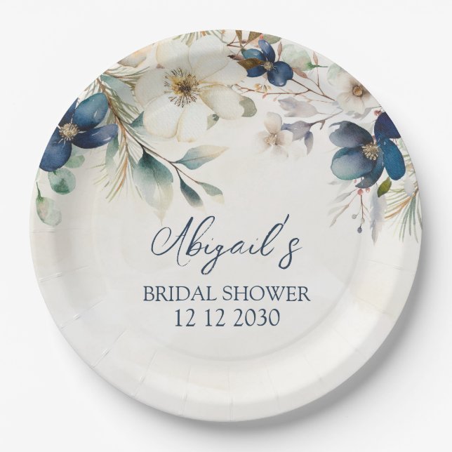 Elegant Blue Floral Winter Bridal Shower Pappteller (Vorderseite)