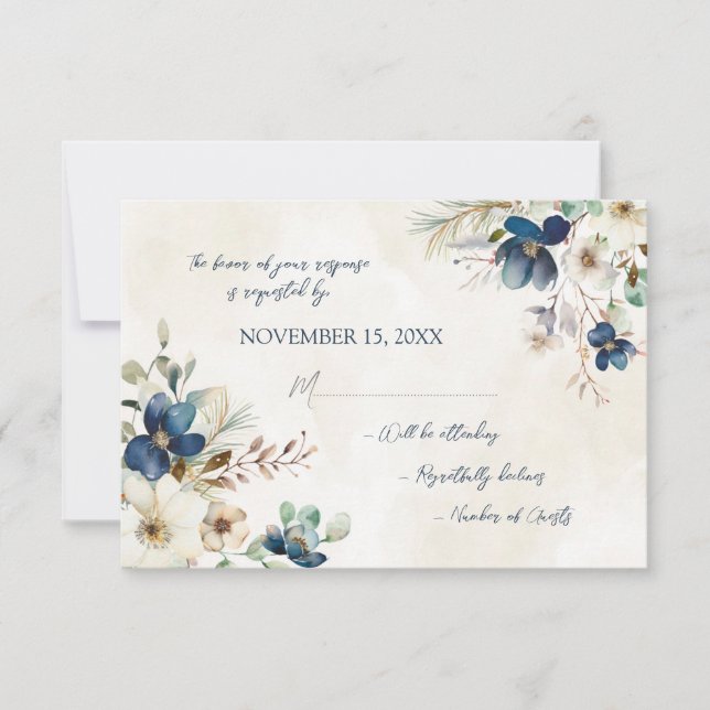 Elegant Blue Floral Winter RSVP Wedding Card (Vorderseite)