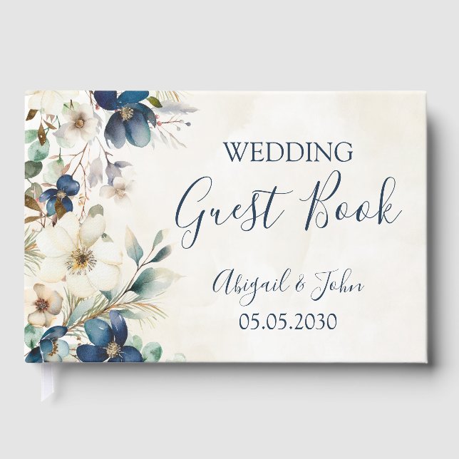 Elegant Blue Floral Winter Wedding Gästebuch (Vorderseite)