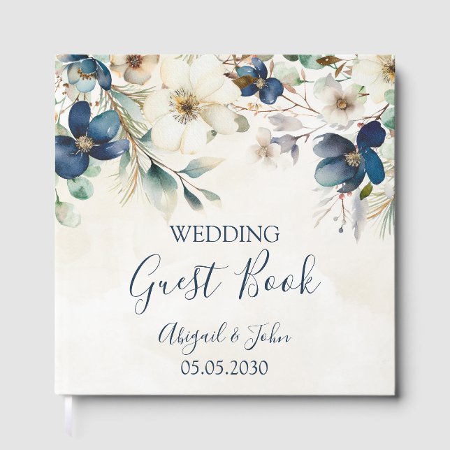 Elegant Blue Floral Winter Wedding Gästebuch (Vorderseite)