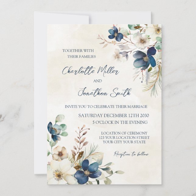 Elegant Blue Floral Winter Wedding Invitations Einladung (Vorderseite)