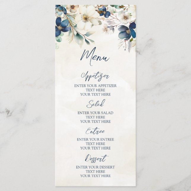 Elegant Blue Floral Winter Wedding Menu Menükarte (Vorderseite)