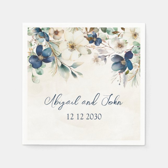 Elegant Blue Floral Winter Wedding Napkin Serviette (Vorderseite)