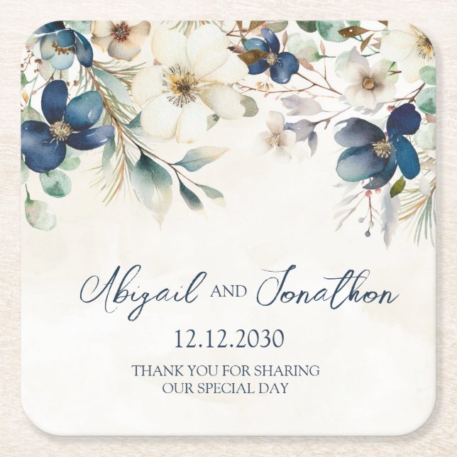Elegant Blue Floral Winter Wedding Rechteckiger Pappuntersetzer (Vorderseite)
