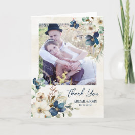 Elegant Blue Floral Winter Wedding Thank You Photo Dankeskarte
