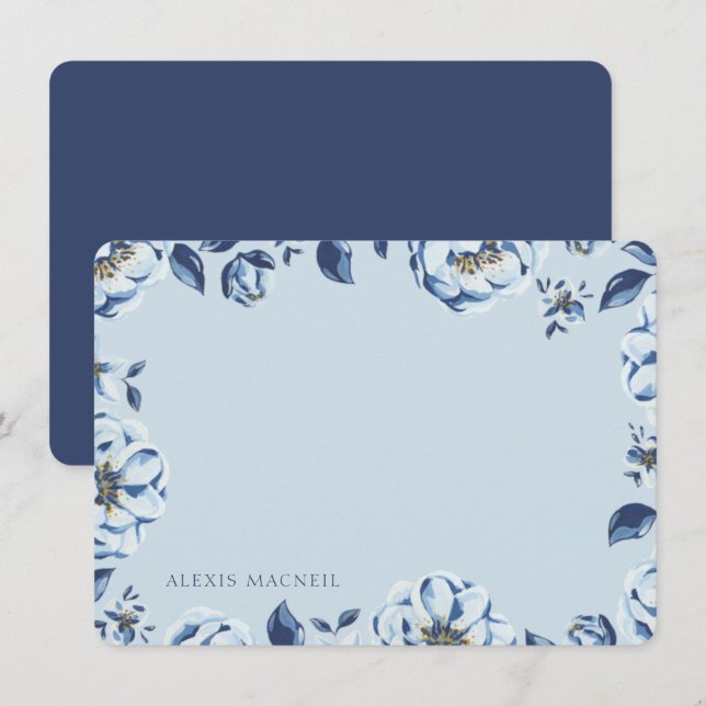 Elegant Blue Floral Womens Personalisiert Stationa Mitteilungskarte (Vorne/Hinten)