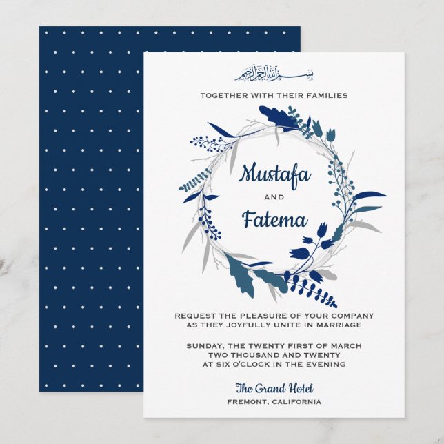 Elegant Blue Floral Wreath Islamische Hochzeit Einladung (Vorne/Hinten)