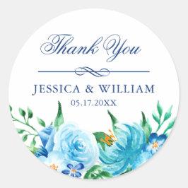 Elegant Blue Florals Wedding Vielen Dank Runder Aufkleber