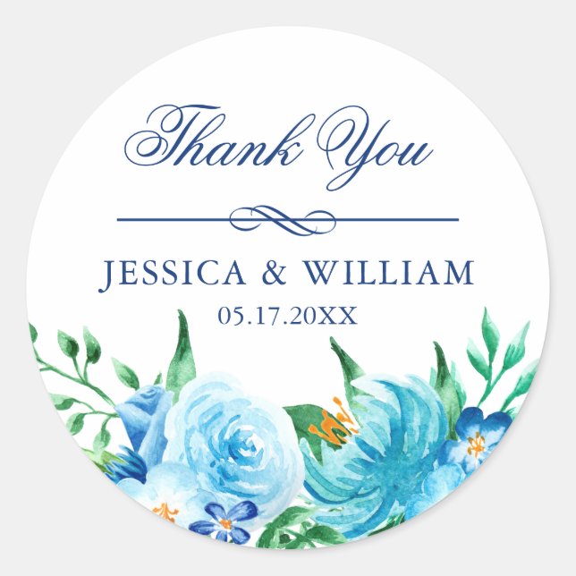 Elegant Blue Florals Wedding Vielen Dank Runder Aufkleber (Vorderseite)