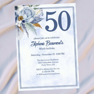 Elegant Blue Florals Women's 50th Birthday Party Einladung